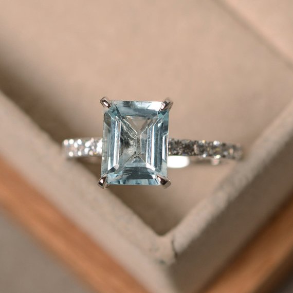 Natural aquamarine engagement ring square cut sterling silver ring March birthstone ring