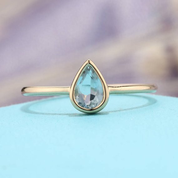 Aquamarine Engagement Ring Pear Shaped Minimalist Simple Wedding Ring Bezel Set Solid Gold Thin Dainty Petite Delicate Promise Anniversary