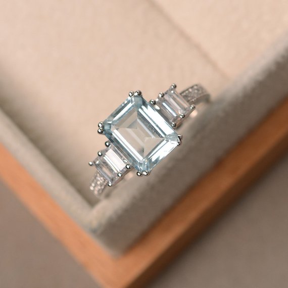 Natural Aquamarine Ring, Blue Gemstone, Engagement Ring, Emerald Cut, Sterling Silver