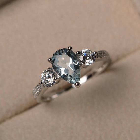 Pear Cut Gemstone, Natural Blue Aquamarine Ring, Anniversary Ring,gemstone Ring, Sterling Silver Ring, March Birthstone Ring