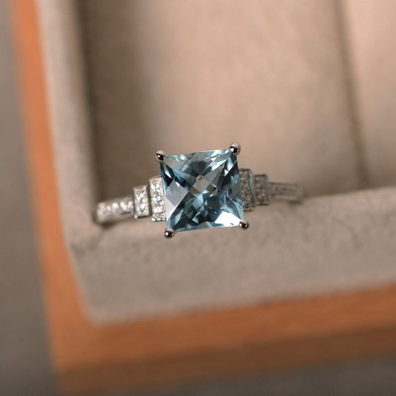 Aquamarine Ring, Square Aquamarine, Engagement Ring, March Birthstone, Promise Ring, Sterling Silver