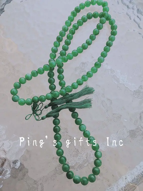 Asian Tradition Green Beads Jade Necklace With Green Knot 25''