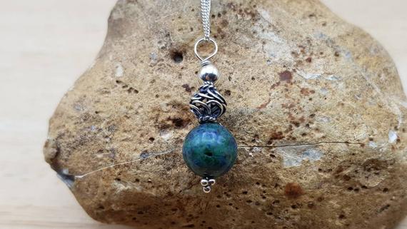 Small Azurite Pendant Necklace. Bali Silver Beads. Crystal Reiki Jewelry Uk.  10mm Stone