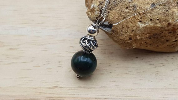Small Bloodstone Pendant Necklace. Bali Silver. Minimalist March Birthstone Necklaces For Women. Reiki Jewelry. Dark Green Gemstone 10mm