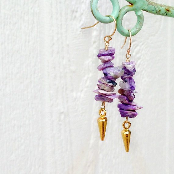 Purple Earrings - Charoite Gemstone - Spike Jewellery - Gold Vermeil Jewelry - Hispter Modern