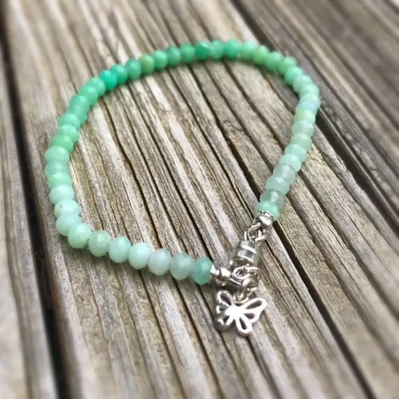 Chrysoprase Bracelet - Green Jewelry - Gemstone Jewellery - Sterling Silver - Butterfly Charm - Beaded - Hombre