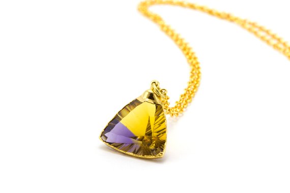 Ametrine Necklace, Ametrine, Triangle Cut Diamond, Ametrine Jewelry, Raw Citrine Necklace, Gold Citrine Jewelry, Triangle Necklace,