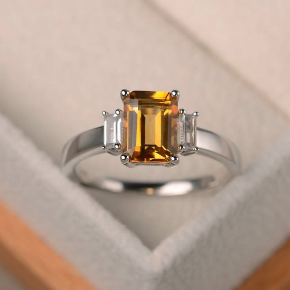 Engagement Ring, Natural Citrine Ring, Emerald Cut Yellow Gemstone, November Birthstone, Sterling Silver Ring, Three Stones Ring,