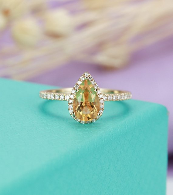 Citrine Engagement Ring Pear Cut Engagement Ring Halo Diamond Micro Pave Art Deco Half Eternity Promise Unique Anniversary Promise Ring