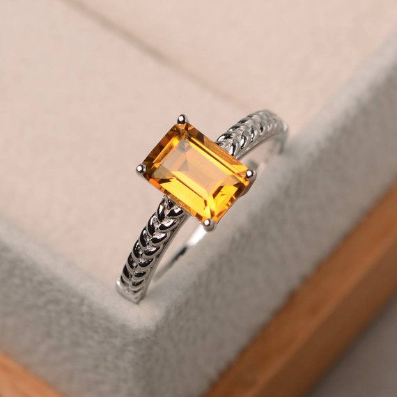 Natural Citrine Ring, Emerald Cut Yellow Gemstone, Solitaire Ring, November Birthstone, Sterling Silver Ring