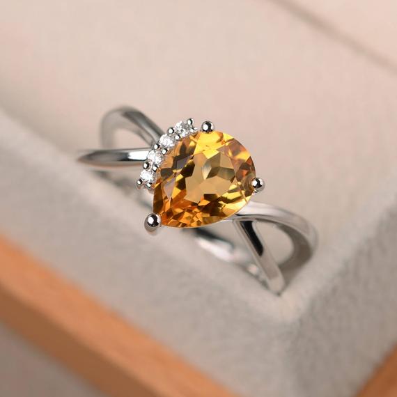 Natural Citrine Ring, Pear Cut Ring, Yellow Gemstone, Solid Sterling Silver Ring, November Birthstone Ring