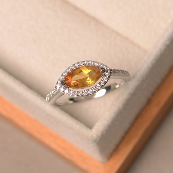 Natural Citrine Ring, November Birthstone, Marquise Cut Yellow Gemstone, Sterling Silver Ring, Halo Ring
