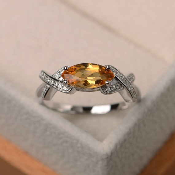 Natural Citrine Ring, Engagement Ring, Marquise Cut Yellow Gemstone, Sterling Silver Ring, November Birthstone Ring