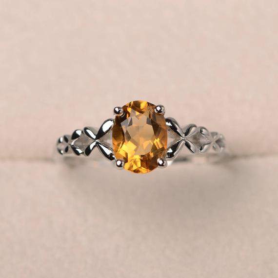 Natural Citrine Ring, November Birthstone Ring, Solitaire Ring, Oval Cut Yellow Gemstone, Sterling Silver Ring