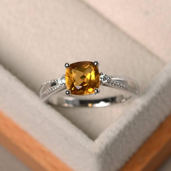 Citrine Ring, Cushion Cut, Sterling Silver, November Birthstone Ring, Yellow Gemstone Engagement Ring For Women