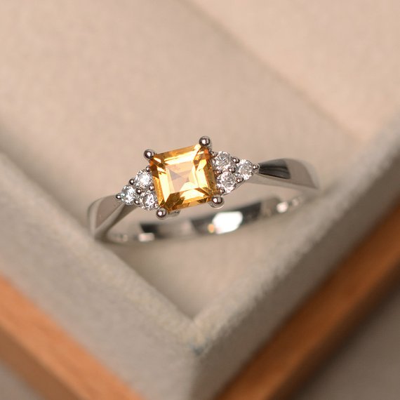 Citrine Ring, Square Cut, Crystal Ring, Sterling Silver, Engagement Ring, November Birthstone Ring
