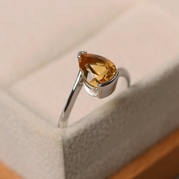 Citrine Ring, Yellow Gemstone, Pear Cut, Engagement Ring, Sterling Silver Solitaire Ring, November Birthstone Ring