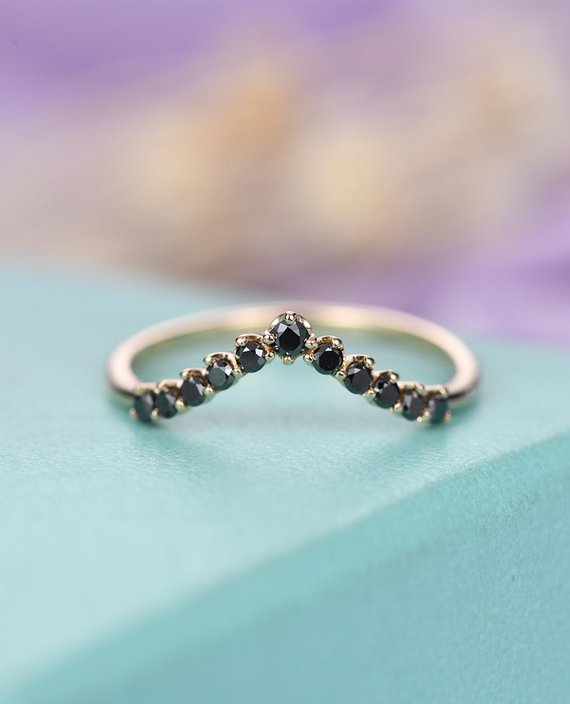 Black Diamond Ring Curved Wedding Band  Unique Chevron Vintage Matching Stacking Promise Bridal Art Deco Set Anniversary Ring