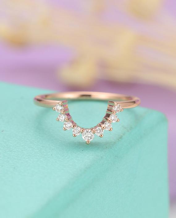 Curved Wedding Band Diamond Half Eternity Antique Vintage Bridal Set Unique Delicate Yellow Gold Stacking Promise Birthday Anniversary Ring