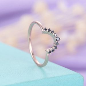 Black Diamond Curved Wedding Band White gold ring for women Matching Stacking chevron band Promise Anniversary promise ring | Natural genuine Gemstone rings, simple unique alternative gemstone engagement rings. #rings #jewelry #bridal #wedding #jewelryaccessories #engagementrings #weddingideas #affiliate #ad