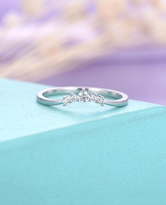 Curved Wedding Band Diamond Wedding Band Women Chevron Unique Bridal Ring Matching Stacking Dainty Five Stone Anniversary Promise Ring