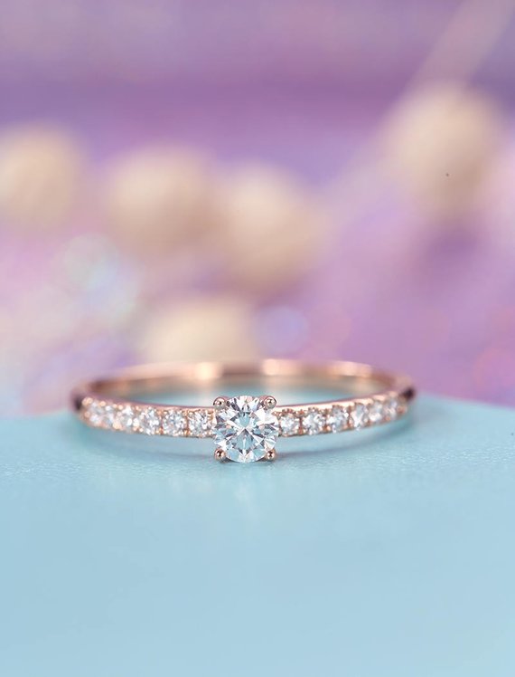 Diamond Moissanite Engagement Ring Delicate White Gold Ring Bridal Half Eternity Wedding Art Deco Dainty Petite Anniversary Promise Ring