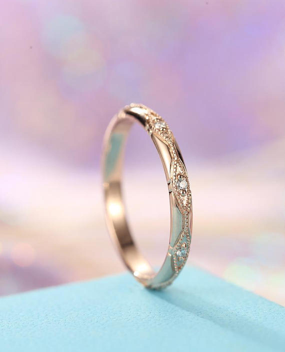 Rose Gold Wedding Band Women Vintage Art Deco Diamond Milgrain Bridal Art Deco Ring Stacking Antique Promise Unique Anniversary Ring