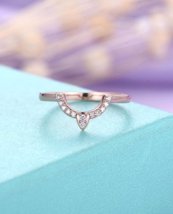 Diamond Curved Wedding Band Rose Gold Ring Women Chevron Band Vintage Unique Stacking Ring Matching Band Anniversary Promise Ring