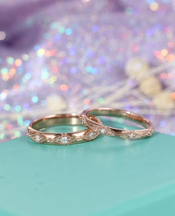 Wedding Bands  Art Deco Wedding Band Rose Gold Ring Vintage Diamond Eternity Band Promise Ring Unique Milgrain Bridal Antique Stacking Ring
