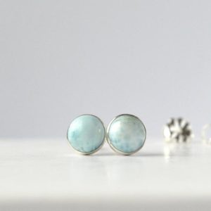 Larimar Earrings, 8mm Dominican Larimar Stud Earrings, 14k Rose Gold or Sterling Silver, Ocean blue Gemstone Earrings, Handmade Jewelry | Natural genuine Array jewelry. Buy crystal jewelry, handmade handcrafted artisan jewelry for women.  Unique handmade gift ideas. #jewelry #beadedjewelry #beadedjewelry #gift #shopping #handmadejewelry #fashion #style #product #jewelry #affiliate #ad