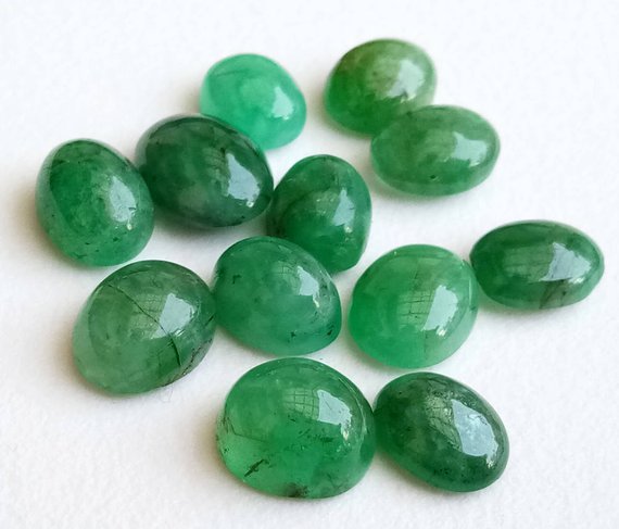 6x8mm - 7x10mm Emerald Plain Oval Cabochons, Emerald Oval Gems, Natural Emerald Flat Back Cabochons For Jewelry (2pcs To 4pcs Options)