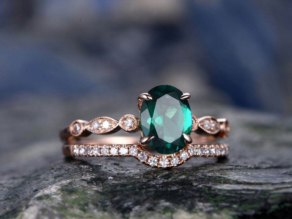 Emerald Engagement Ring Set Solid 14k Rose Gold Diamond Ring 2pcs Oval Matching Antique Marquise Wedding Bridal Promise Ring Set For Her