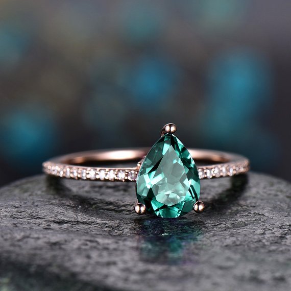 Teardrop Emerald Engagement Ring Solid 14k Rose Gold Under Halo Real Diamond Ring Emerald  Ring Vintage Promise Wedding May Birthstone Ring