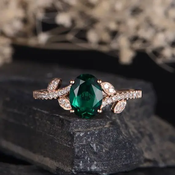 Lab Emerald Engagement Ring Rose Gold Leaf Vine Diamond Band Curved Promise Birthstone Half Eternity Unique Women Oval Cut Anniversary Ring