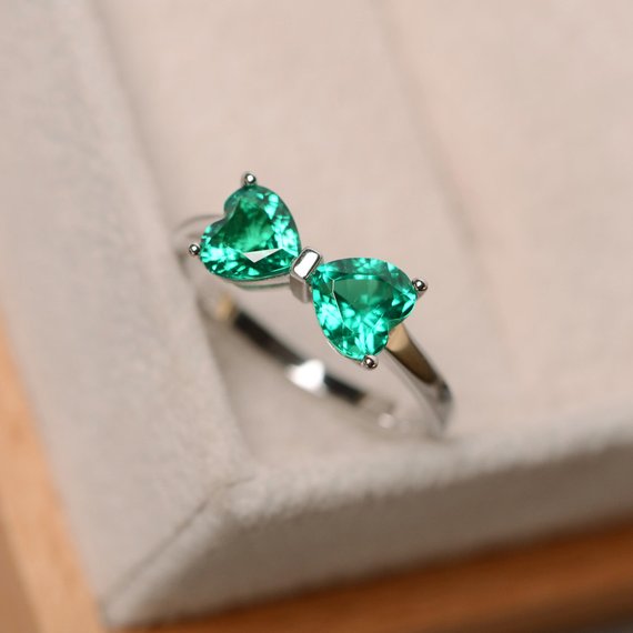Emerald Ring Sterling Silver, Engagement Ring, May Birthstone, Promise Ring For Her, Multistone Ring,hear Cut Emerald