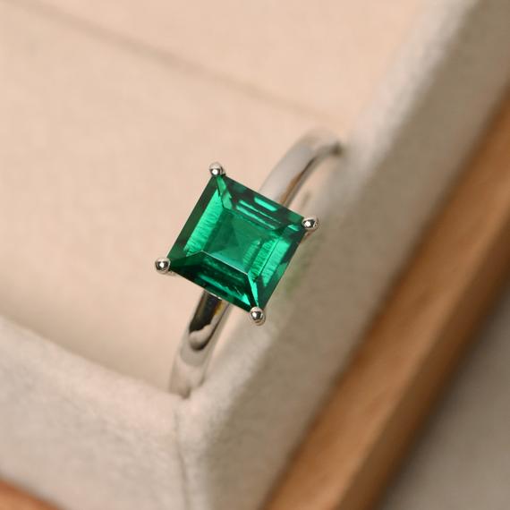 Emerald Ring, Sterling Silver, Green Emerald Ring, Solitaire Ring, Green Ring