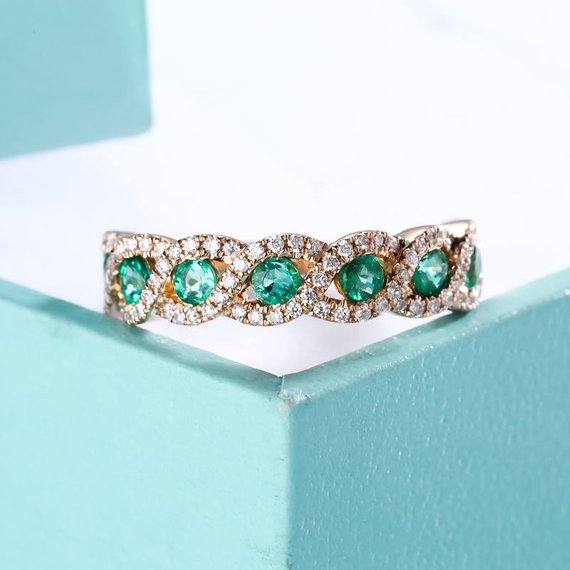 Vintage Emerald Wedding Band Antique Half Eternity Band Art Deco Unique Diamond Bridal Set Yellow Gold Stacking Infinity Micro Pave Ring