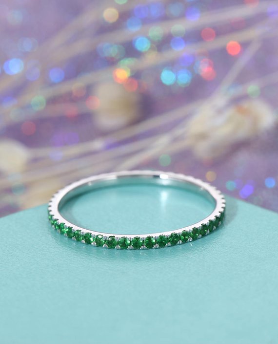 Lab Emerald Full Eternity Band Wedding Band Women Stacking Ring 14k White Gold Bridal Set Birthstone Matching Band Anniversary Promise Ring