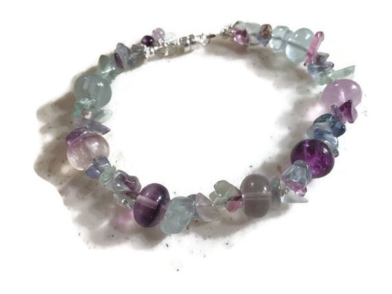 Fluorite Bracelet - Purple Green Gemstone Jewellery - Sterling Silver Jewelry - Multicolor