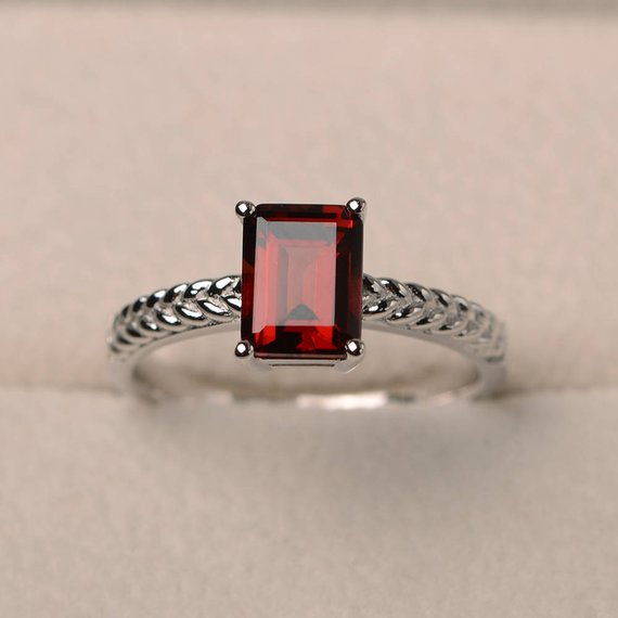 Engagement Ring, Natural Garnet Ring, Emerald Cut Red Gemstone, January Birthstone, Solitaire Ring, Sterling Silver Ring