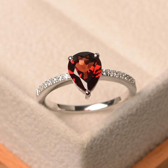 Garnet Ring, Pear Cut Red Gemstone Ring, Sterling Silver, January Birthstone Ring, Engagement Ring For Women
