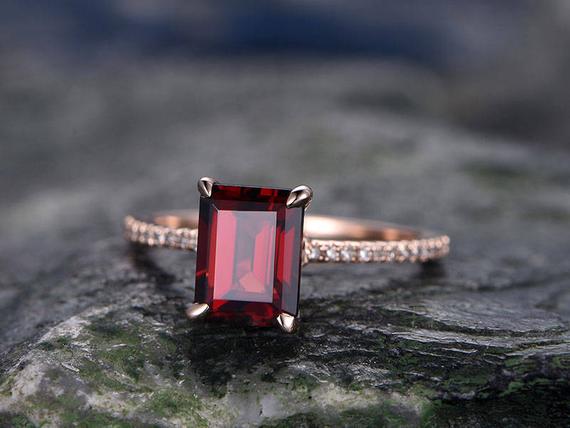 Red Garnet Engagement Ring-14k Rose Gold-handmade Real Diamond Bridal Ring-classic Design-8x6mm Emerald Cut Gemstone Promise Ring-birthstone