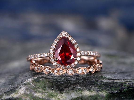 Red Garnet Engagement Ring-solid 14k Rose Gold- Diamond Bridal Ring Set-stacking Band-6x8mm Pear Shaped Cut Gemstone Promise Ring For Her