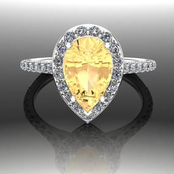 Dainty Halo Gemstone Ring | Yellow Garnet In Platinum Or Gold | Custom Pear Cut | "wilshire"