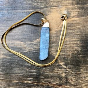 Shop Kyanite Pendants! Gold and Blue Kyanite Necklace, 17.5" gold plated Chain, 2" Kyanite Gold Electroplated Pendant, gifts for women, healing, throat chakra | Natural genuine Kyanite pendants. Buy crystal jewelry, handmade handcrafted artisan jewelry for women.  Unique handmade gift ideas. #jewelry #beadedpendants #beadedjewelry #gift #shopping #handmadejewelry #fashion #style #product #pendants #affiliate #ad