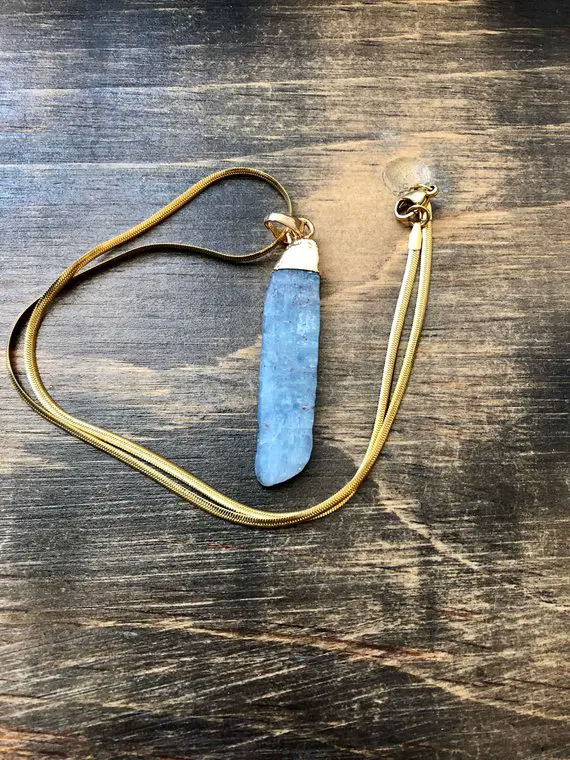 Gold And Blue Kyanite Necklace, 17.5" Gold Plated Chain, 2" Kyanite Gold Electroplated Pendant, Gifts For Women, Healing, Throat Chakra