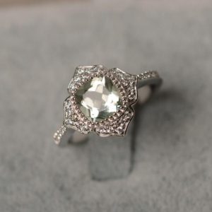 Shop Green Amethyst Jewelry! Green amethyst ring cushion cut halo ring sterling silver engagement flower ring for woman | Natural genuine Green Amethyst jewelry. Buy handcrafted artisan wedding jewelry.  Unique handmade bridal jewelry gift ideas. #jewelry #beadedjewelry #gift #crystaljewelry #shopping #handmadejewelry #wedding #bridal #jewelry #affiliate #ad