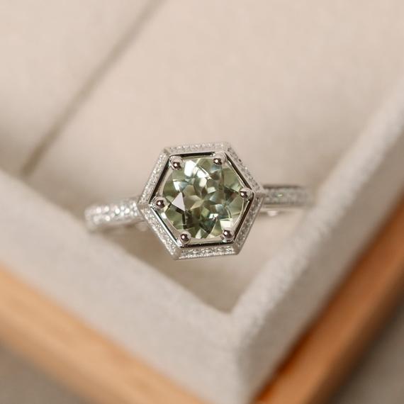 Green Amethyst Engagement Ring, Sterling Silver, Pale Ring, Natural Quartz Ring, Round Engagement Ring