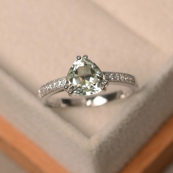 Natural Green Amethyst Ring, Anniversary Ring, Trillion Cut Green Gemstone, Sterling Silver Ring