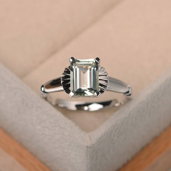 Natural Green Amethyst Ring,emerald Cut,solitaire Ring,wedding Ring,green Gemstone Ring,silver Ring,february Birthstone